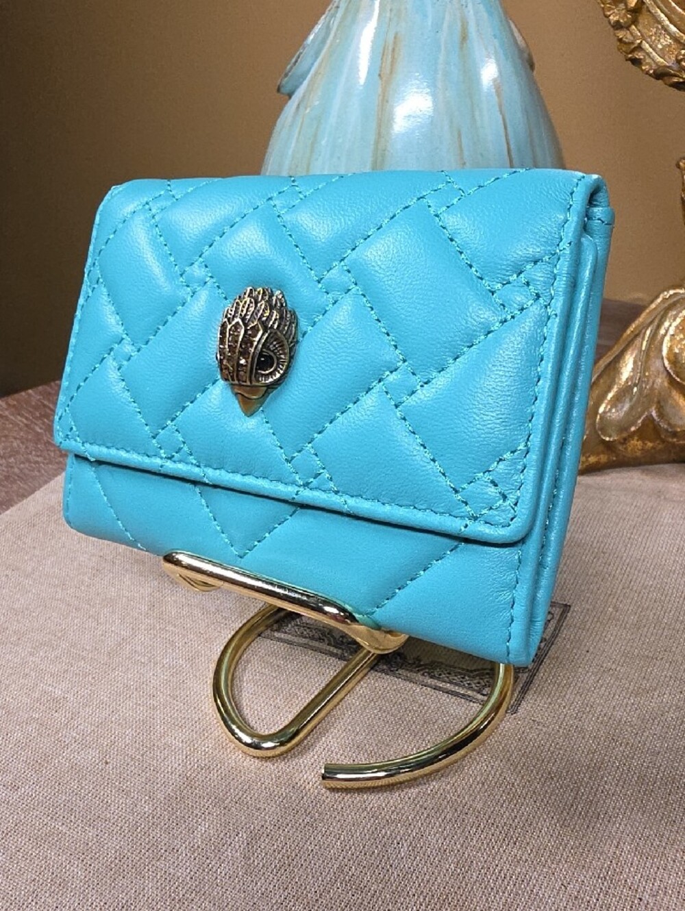 Kurt Geiger Turquoise Green Quilted Mini Wallet with Gold Crest NWT! - Picture 3 of 11
